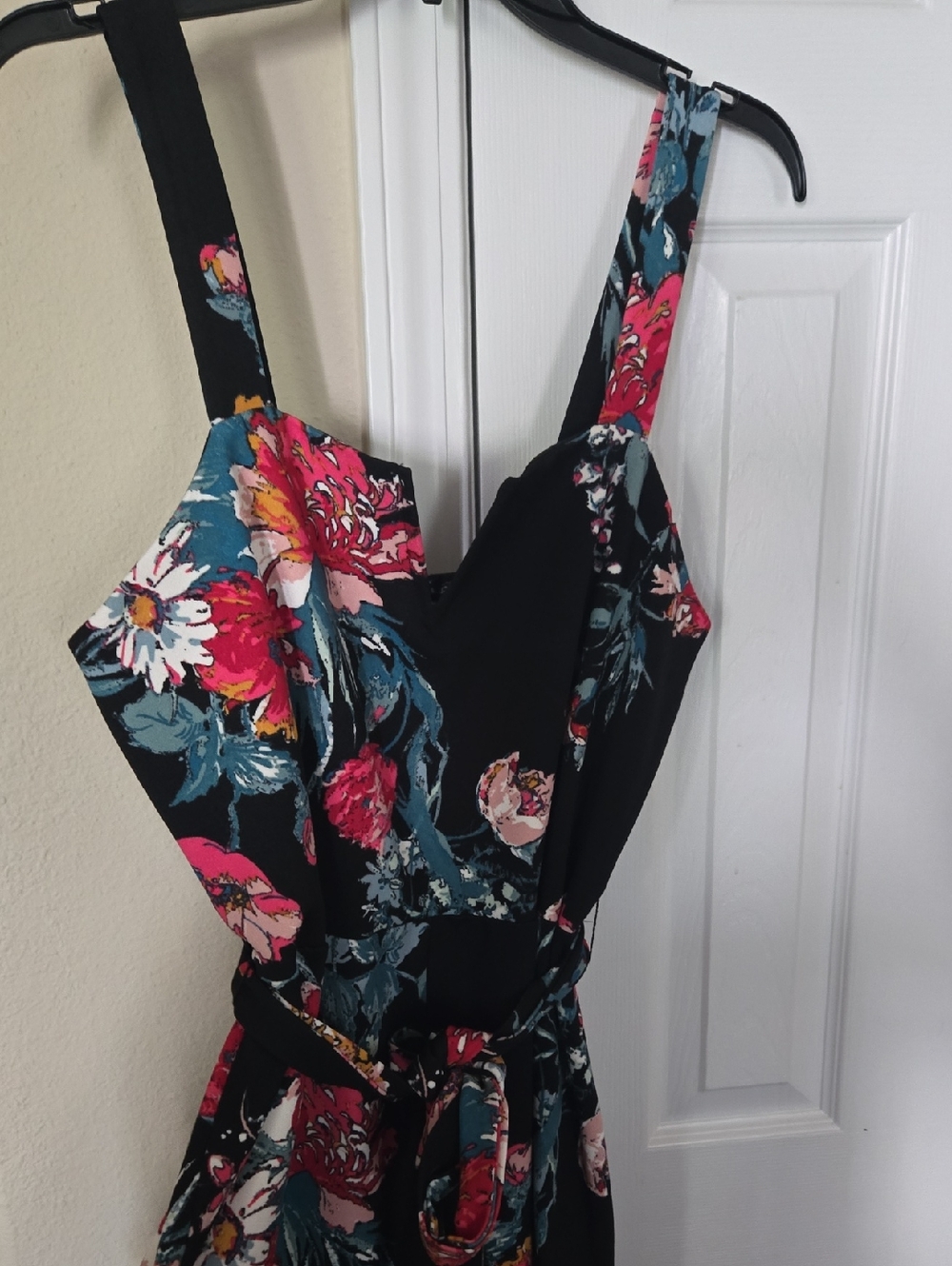 Xhilaration Black Floral Jumpsuit with Pink and Teal Accents